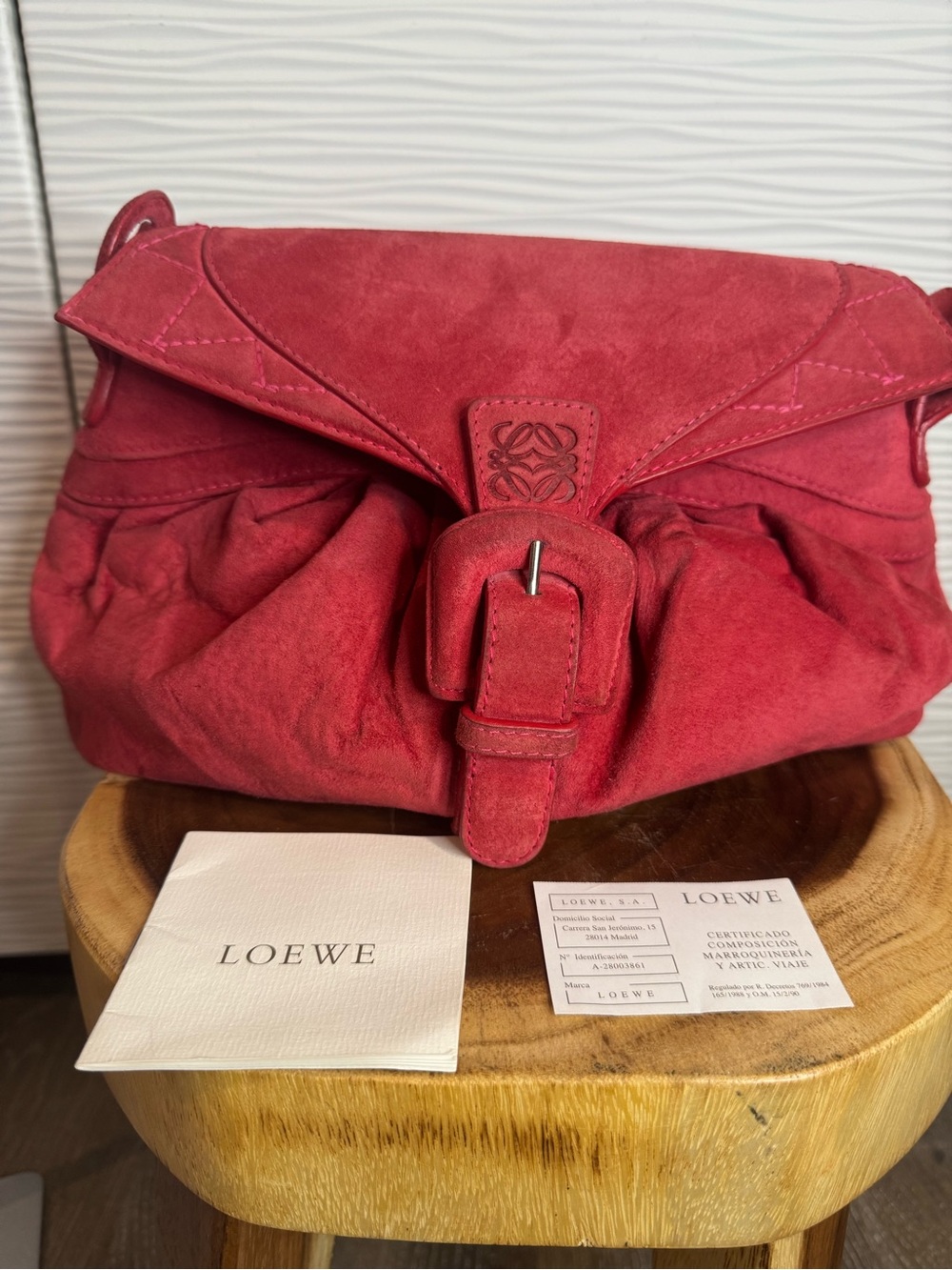 Authentic Loewe Red Suede Buckled Shoulder Bag with Original Paperwork.